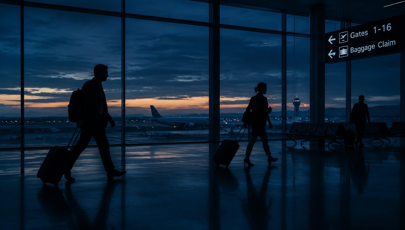 Imagem ilustrativa: viajantes de negócios num terminal de aeroporto ao anoitecer.