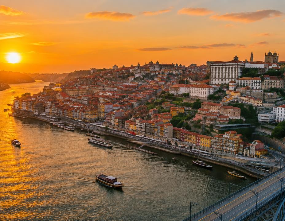 Imagem ilustrativa: vista do Porto sobre o rio Douro ao pôr do sol.